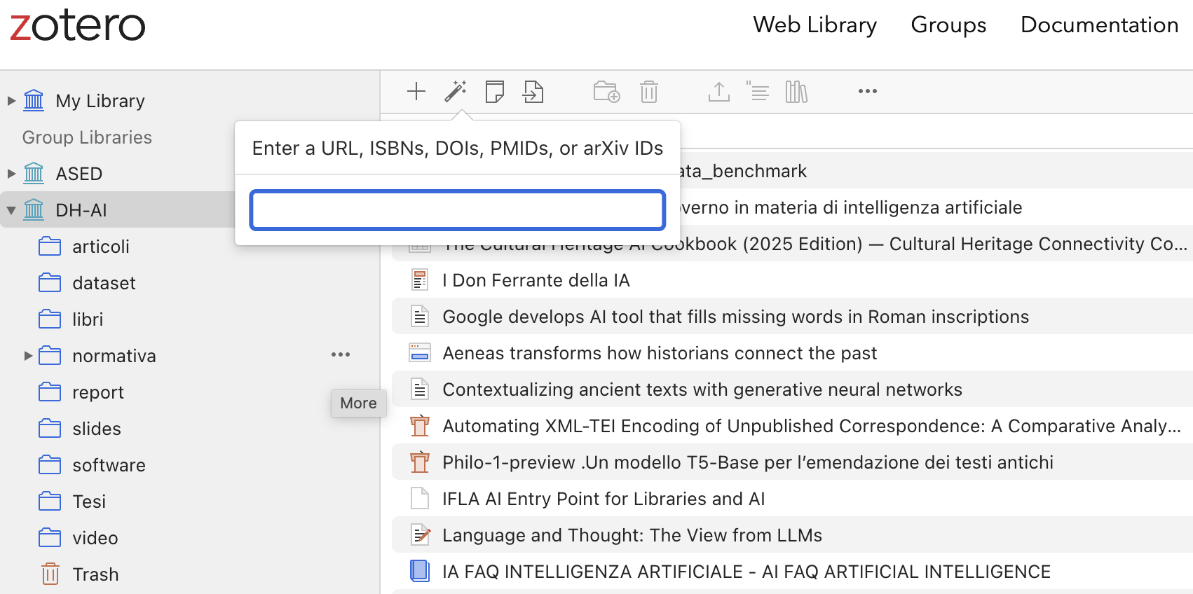 Immagine dell'inserimento di un nuovo contenuto in Zotero