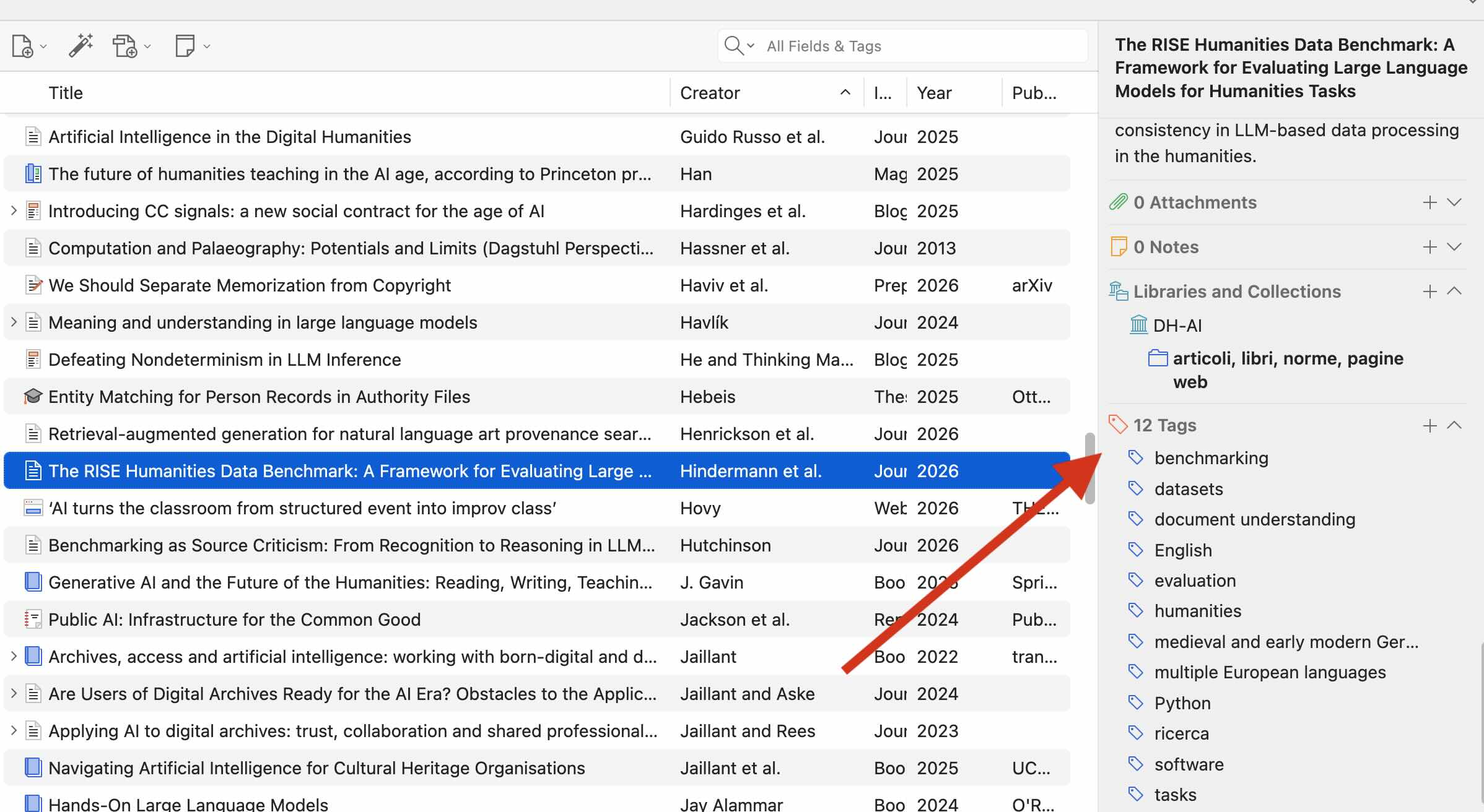 Immagine dei Tag di un contenuto in Zotero