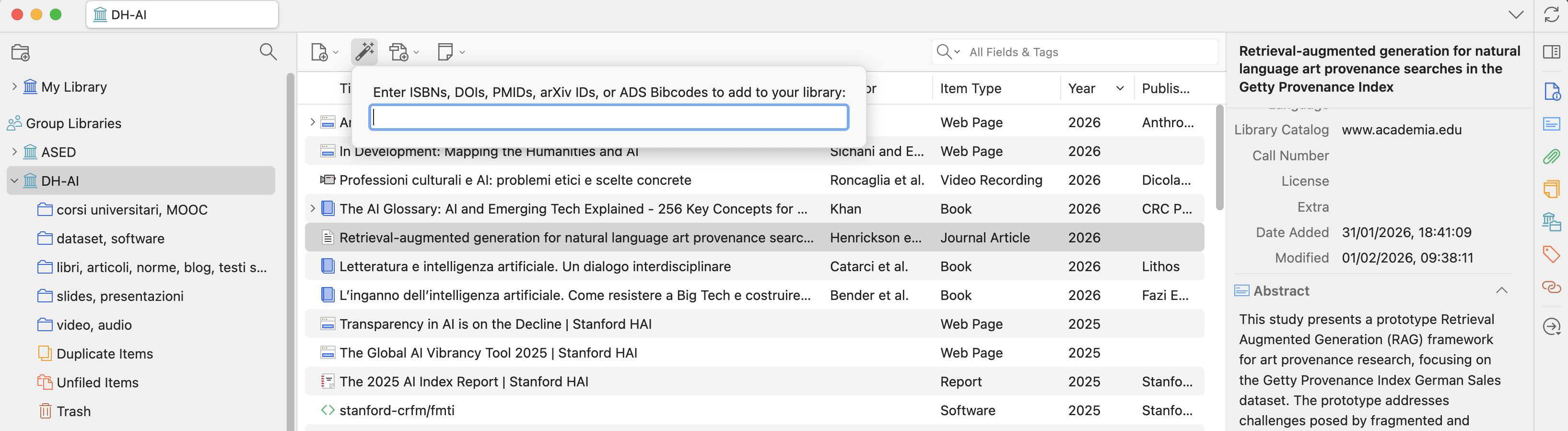 Immagine dell'inserimento di un nuovo contenuto in Zotero